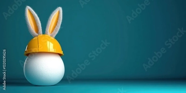 Fototapeta Easter Egg with Construction Helmet and Bunny Ears in Vibrant Teal Background - Creative Design for Engineering and Maintenance Themes