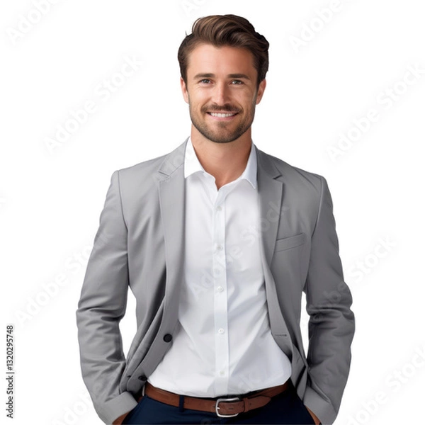 Fototapeta Handsome man in a gray suit and white shirt is smiling isolated on transparent background