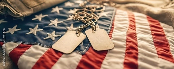 Obraz American Flag and Military Dog Tags on Vintage Fabric Background
