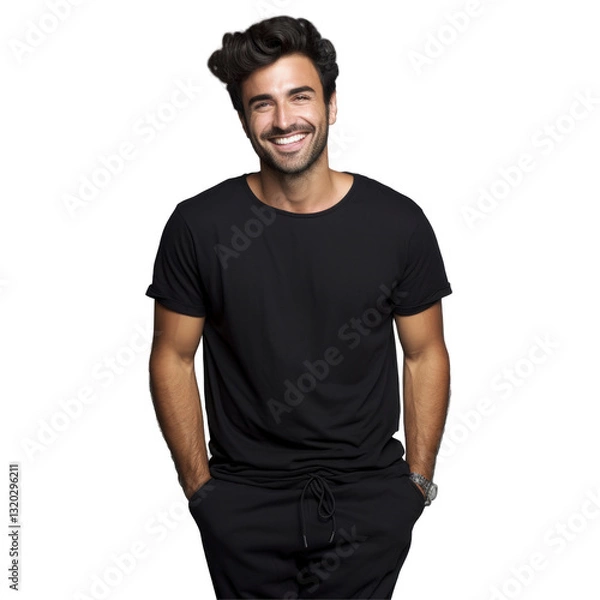 Fototapeta Handsome man is smiling and wearing a black shirt isolated on transparent background