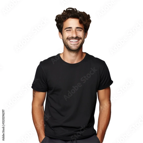 Fototapeta Fit man is smiling and wearing a black blank t-shirt isolated on transparent background