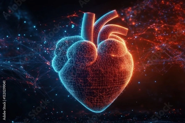 Fototapeta Futuristic Digital Human Heart with Neon Wireframes and Light Trails on Black Background