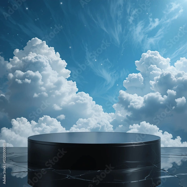 Fototapeta Blank Contemporary black Podium, front view focus, with blue cloud Background, ideal for luxury and skincare product displays.