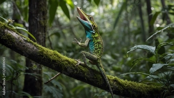 Fototapeta Anolis Lizard Leaping Between Branches in Forest