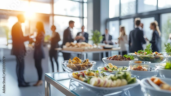 Fototapeta Corporate Gathering with Culinary Delights: A sun-drenched business function, where colleagues engage in animated conversations near a lavish buffet. The array of delectable dishes takes center stage.