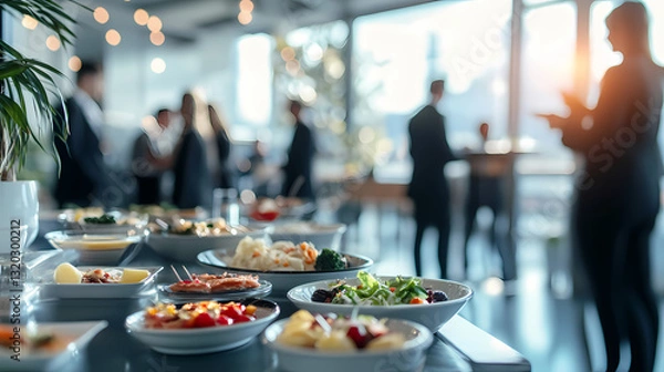 Obraz Corporate Gathering: A bustling buffet table laden with delectable dishes in a bright setting, with silhouetted figures of individuals.