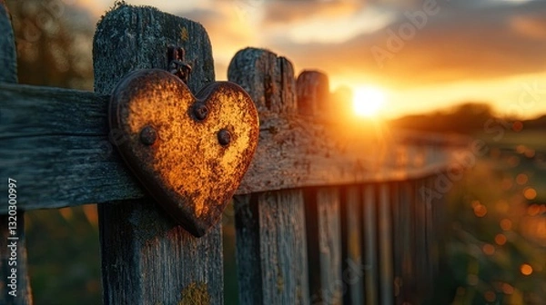 Obraz Rustic Heart-Shaped Locks Adorning a Wooden Fence During a Golden Sunset