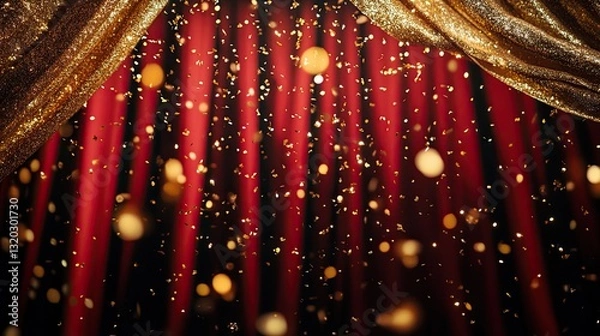 Obraz Red Curtain with Golden Confetti for a Festive and Dramatic Event Setting