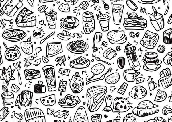 Fototapeta Culinary Collage: A detailed hand-drawn illustration of a diverse array of food and drinks, forming a whimsical and appetizing design,perfect for a food-related theme