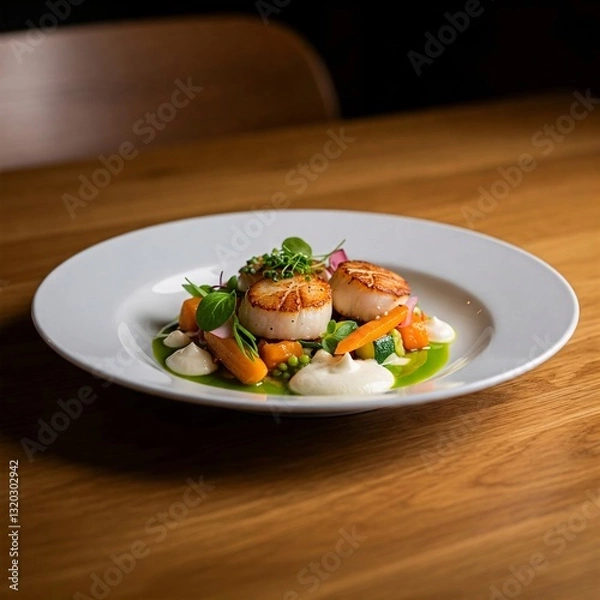 Fototapeta Seared Scallops with Seasonal Vegetables: A culinary masterpiece featuring perfectly seared scallops atop a bed of vibrant seasonal vegetables, presented on a pristine white plate.