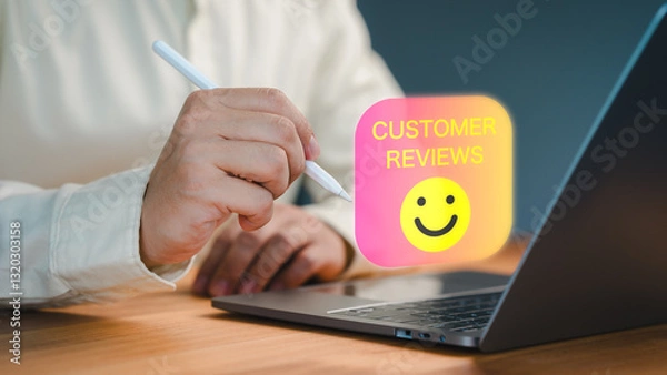 Fototapeta Customer select a happy face icon from a feedback. Business concept of customer service satisfaction, testimonial review, and positive user experience in an online feedback system.