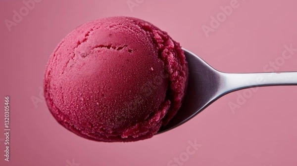 Fototapeta close up of a silver spoon filling with dark berry mulberry sorbet, dessert copy space.