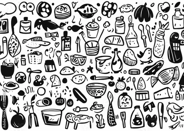 Fototapeta Culinary Sketchbook: A whimsical collection of hand-drawn food illustrations, brimming with charm and variety. A delightful assortment of culinary delights