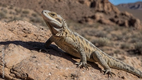 Fototapeta Lizard Defensively Climbing Rock in Barren Desert