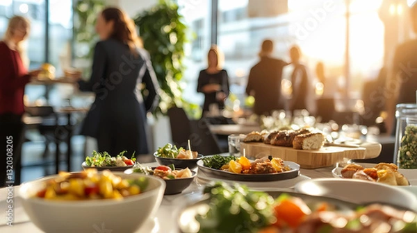 Fototapeta Business Buffet: Delicious food spread out on a table with blurred people in the background, suitable for catering, corporate events, and office gatherings.