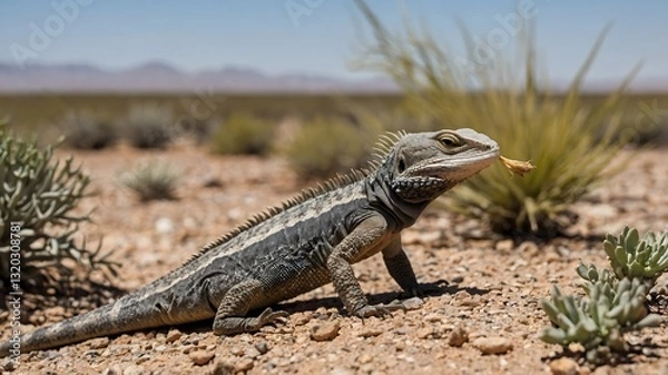 Fototapeta Spiny-Tailed Lizard Feeding in Harsh Desert Landscape