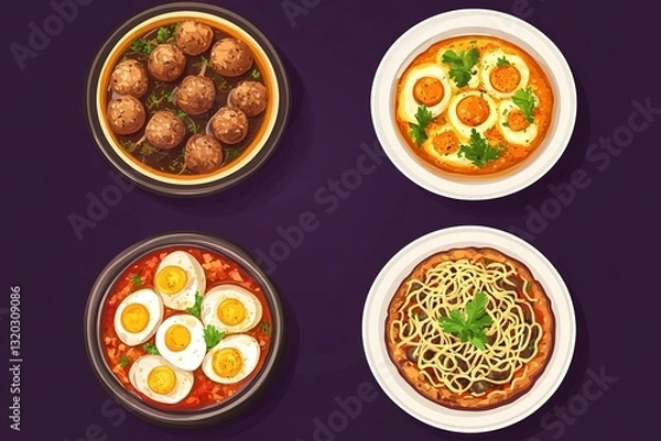 Fototapeta Overhead view of four bowls each containing a unique and colorful dish