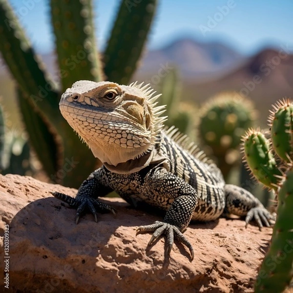 Fototapeta Spiny-Tailed Lizard with Textured Tail in Sunlit Patterns