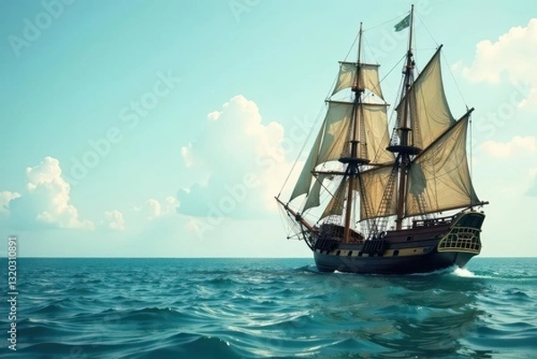 Fototapeta Calm ocean, weathered tall ship with grunge effect , classic, antique