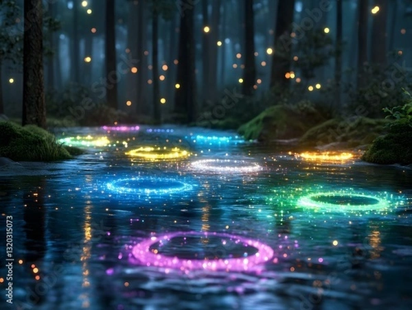 Fototapeta Enchanted Forest River with Glowing Rings