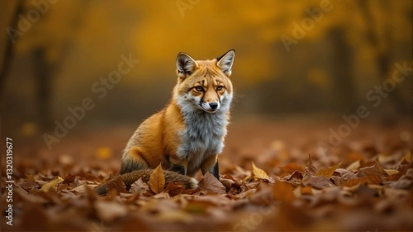 Fototapeta A close up of a red fox sitting on fall leaves.