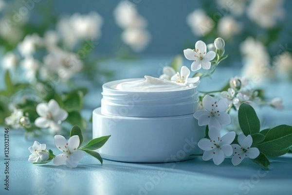 Fototapeta Soothing skincare cream jar with white flowers and green leaves on a pastel background