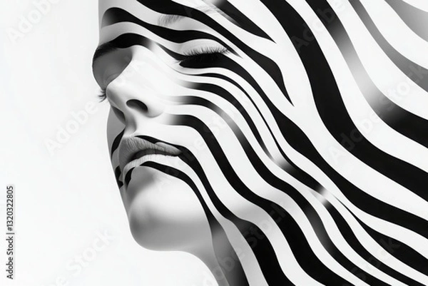 Obraz Surreal portrait of a woman with flowing black and white stripes merging into her face, creating an abstract optical illusion effect