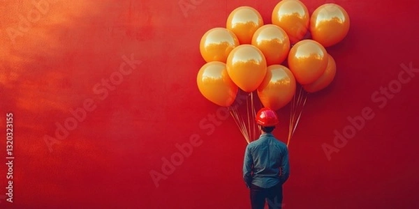 Fototapeta Gold Balloons with Red Construction Helmet on Vibrant Red Background for Labor Day Celebration and Building Company Anniversary