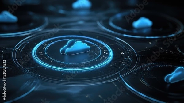 Fototapeta Cloud server racks with glowing status lights, representing software deployment and data management.