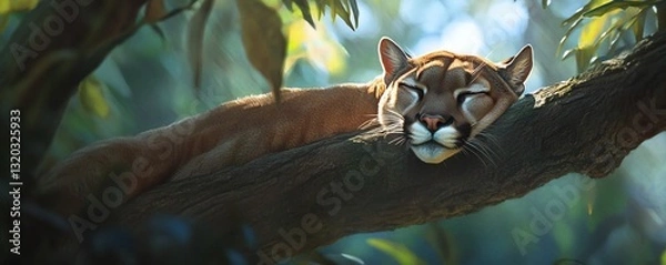 Obraz A resting mountain lion sleeps peacefully atop a sturdy tree branch