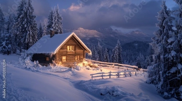 Obraz A cozy wooden cabin covered in snow in a winter landscape