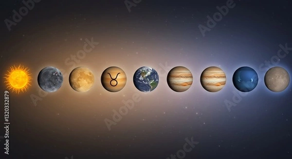 Fototapeta 神秘的な宇宙、惑星輝く神秘的配置