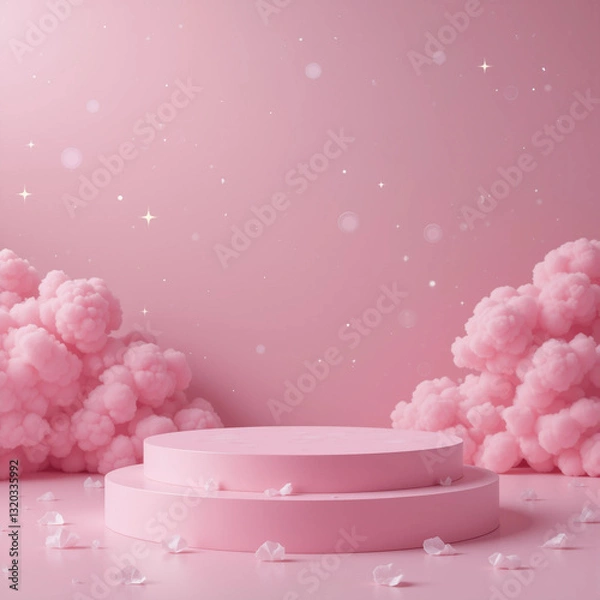 Fototapeta Blank Contemporary pink Stone Podium, front view focus, with pink cloud Background, ideal for eco-friendly and skincare product displays
