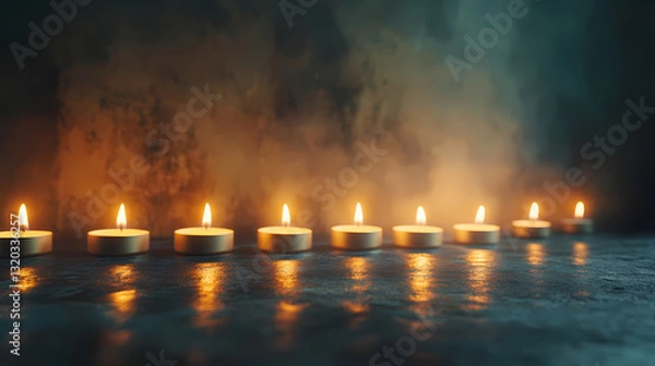 Fototapeta Candlelit Vigil: A row of softly glowing candles illuminates a dark, textured surface, creating a serene and contemplative atmosphere with smoke in background. 