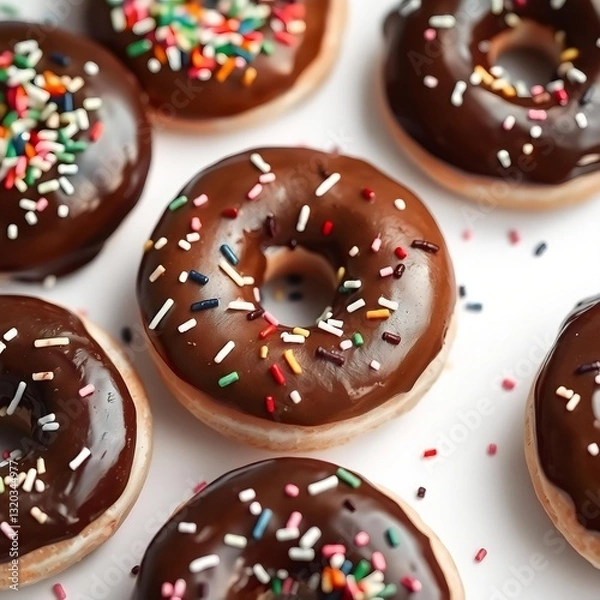 Obraz donuts with chocolate spread and colorful
sprinkles on a white background