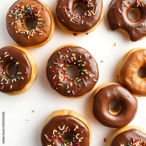 Obraz donuts with chocolate spread and colorful
sprinkles on a white background