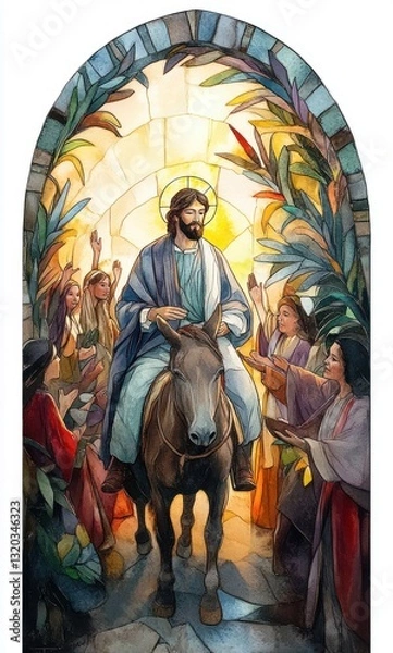 Fototapeta Entry of Jesus Christ into Jerusalem on Palm Sunday, Christian Biblical Illustration in Watercolor Style