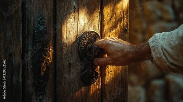 Fototapeta Hand Knocking on Rustic Wooden Door in Warm Light