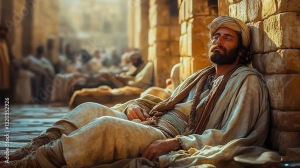 Fototapeta Healing the Paralyzed Man at the Pool of Bethesda in Jerusalem, Miracles of Jesus Christ, Gospel Salvation, Faith and Blessings in Christian Belief