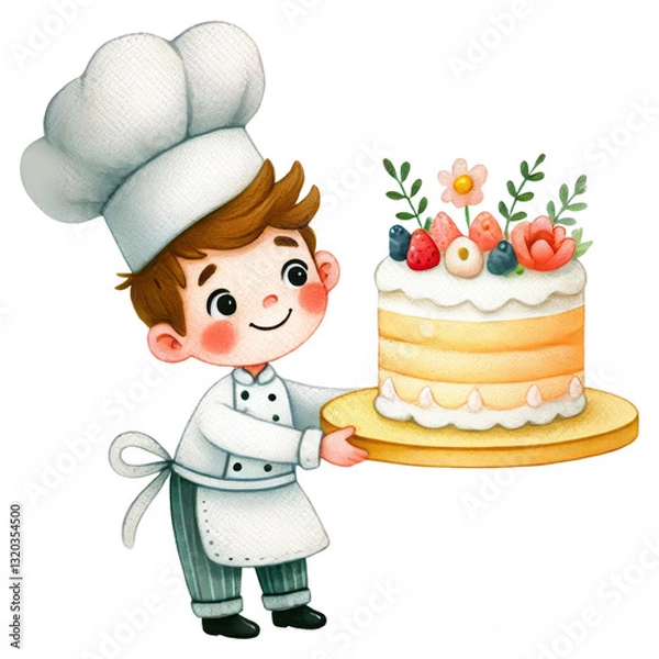 Fototapeta Kids baking concept. A cheerful young chef holds a decorated cake, showcasing his baking skills in a colorful and playful illustration.