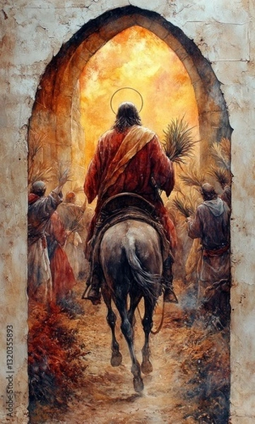 Fototapeta Entry of Christ into Jerusalem on Palm Sunday, Watercolor Biblical Illustration for Easter and Religious Celebrations