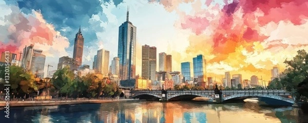 Obraz Vibrant Cityscape at Dusk with Colorful Sky and Reflective Water