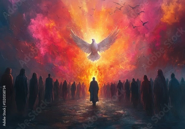 Fototapeta Descent of the Holy Spirit at Pentecost with Apostles in Watercolor Illustration