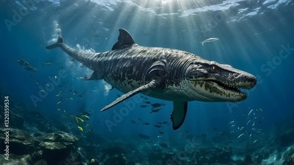 Fototapeta Beneath the Waves: A Mosasaur Hunts in the Swirling Depths of the Sea
