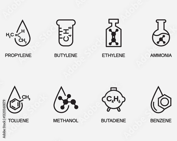 Fototapeta type of basic petrochemical product icons collection.oil and gas downstream commodities product outline icon symbol