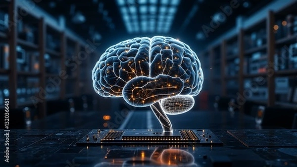 Obraz Holographic brain on computer chip with libraries in background.