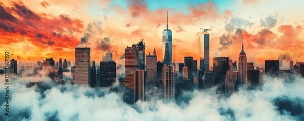 Obraz Dramatic Skyline of New York City at Sunset with Colorful Clouds