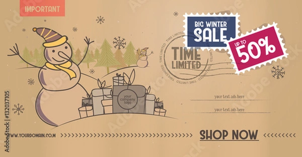 Fototapeta Winter sale social network banner paper envelope with snow background, snowflakes, tree and discount.