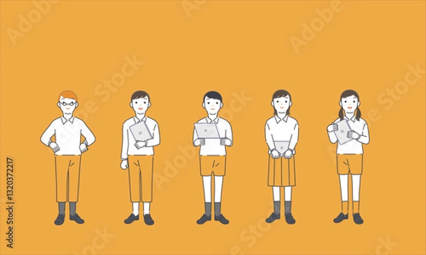 Obraz タブレットやパソコンを持つ子どもたち（背景あり）