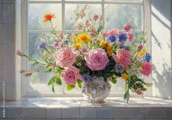 Fototapeta Beautiful arrangement of pink roses, wildflowers, and greenery in a delicate vase on a sunlit windowsill with a soft focus background